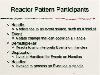 11
Reactor Pattern Participants
Handle
A reference to an event source, such as a socket
Event
A state change that can occur on a Handle
Demultiplexer
Reacts to and interprets Events on Handles
Dispatcher
Invokes Handlers for Events on Handles
Handler
Invoked to process an Event on a Handle
 