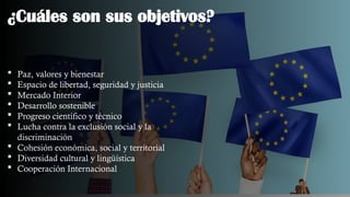 ¿Cuáles son sus objetivos?
 Paz, valores y bienestar
 Espacio de libertad, seguridad y justicia
 Mercado Interior
 Desarrollo sostenible
 Progreso científico y técnico
 Lucha contra la exclusión social y la
discriminación
 Cohesión económica, social y territorial
 Diversidad cultural y lingüística
 Cooperación Internacional
 