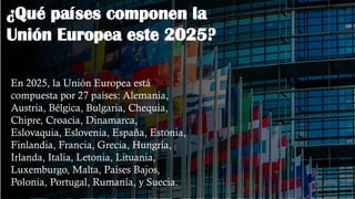 ¿Qué países componen la
Unión Europea este 2025?
En 2025, la Unión Europea está
compuesta por 27 países: Alemania,
Austria, Bélgica, Bulgaria, Chequia,
Chipre, Croacia, Dinamarca,
Eslovaquia, Eslovenia, España, Estonia,
Finlandia, Francia, Grecia, Hungría,
Irlanda, Italia, Letonia, Lituania,
Luxemburgo, Malta, Países Bajos,
Polonia, Portugal, Rumanía, y Suecia.
 