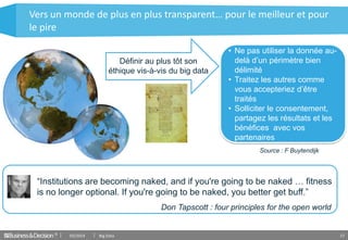 © 1703/2014 Big Data
“Institutions are becoming naked, and if you're going to be naked … fitness
is no longer optional. If you're going to be naked, you better get buff.”
Vers un monde de plus en plus transparent… pour le meilleur et pour
le pire
Don Tapscott : four principles for the open world
• Ne pas utiliser la donnée au-
delà d’un périmètre bien
délimité
• Traitez les autres comme
vous accepteriez d’être
traités
• Solliciter le consentement,
partagez les résultats et les
bénéfices avec vos
partenaires
Source : F Buytendijk
Définir au plus tôt son
éthique vis-à-vis du big data
 
