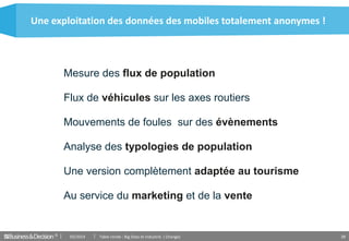© 38
Une exploitation des données des mobiles totalement anonymes !
Mesure des flux de population
Flux de véhicules sur les axes routiers
Mouvements de foules sur des évènements
Analyse des typologies de population
Une version complètement adaptée au tourisme
Au service du marketing et de la vente
03/2014 Table ronde : Big Data et industrie ( Orange)
 