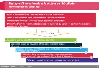 © 6
• Passer d’une économie de l’attention à une économie de l’intention
• Tester le bien fondé des offres, les remettre en cause en permanence
• Offrir le même niveau de service au travers des canaux d’interaction
• Mieux “maitriser” les recommandations associées aux hôtels du groupe et les interactions avec les
promoteurs et détracteurs
Exemple d’innovation dans le secteur de l’hôtellerie:
recommandations temps réel
Améliorer le taux de transformation (ROI en neuf mois)
Capacité à tester les nouvelles offres, et de les retirer si peu
efficaces
Capacité d’écoute, de réactivité et d’ « influence » sur les
promoteurs et détracteurs
Fédération de la connaissance client pour s’adapter aux
changements d’organisation et intégrer les médias sociaux
Offre et communication personnalisée pour chaque client
03/2014 Big Data
 