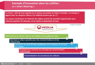 © 7
Exemple d’innovation dans les utilities :
Le « Smart Watering »
(*) Source : SIA conseil
En France , 25% de l’eau injectée sur le réseau est perdue en fuites et fraudes ; Le manque à
gagner pour les citoyens s’élève à 2,4 milliards d’euros par an. (*)
Les canaux numériques et l’Internet des objets ouvrent de nouvelles opportunités pour
collecter/exploiter les données, et les mettre à disposition de tous
Informations en temps réel sur les débits et la qualité de l’eau
Services à valeur ajoutée pour les consommateurs et les
collectivités
Détection au plus tôt des problèmes sur le réseau et en bout
de chaine
Engagement commun au principe de consommation
responsable
Automatisation du processus de collecte
03/2014 Big Data
 