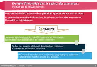 © 8
Exemple d’innovation dans le secteur des assurances :
innover par de nouvelles offres
Une start-up dédiée à l’assurance des exploitations agricoles face aux aléas du climat.
La collecte d’un ensemble d’informations à un niveau très fin sur les températures,
l’humidité, les précipitations…
Des offres personnalisées pour chaque agriculture en fonction des
spécificités de son exploitation et de son environnement
Gestion des sinistres totalement dématérialisés : paiement
automatisé en fonction des conditions
Un potentiel de déploiement sans limites géographiques, permettant
d’atteindre des marchés encore peu exploités
03/2014 Big Data
 