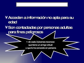 Acceden a información no apta para su edad Son contactadas por personas adultas para fines peligrosos 1 de cada 3 jóvenes reconoce  que tiene un amigo virtual  y que lo ha conocido en persona 