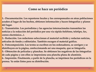 Como se hace un periódico
1.- Documentación. Los reporteros locales y los corresponsales en otras poblaciones
acuden al lugar de los hechos, obtienen información y hacen fotografías y planos
del lugar.
2.- Transmisión. Los periodistas y las agencias internacionales transmiten las
noticias a la redacción del periódico por una vía rápida (teléfono, teletipo, fax,
correo electrónico...).
3.- Redacción. Los redactores seleccionan el material recibido y redactan noticias,
artículos de fondo y editoriales. También escogen el material gráfico.
4.- Fotocomposición. Los textos se escriben en los ordenadores, se corrigen y se
distribuyen en la página, confeccionando así una maqueta, que se fotografía.
5.- Obtención de películas y planchas. Se obtienen los negativos de las fotografías
de cada página y con ellos se impresiona una plancha plana de aluminio.
6.- Impresión. Finalmente, a partir de la plancha, se imprimen los periódicos en la
prensa. Ya están listos para su distribución.

 