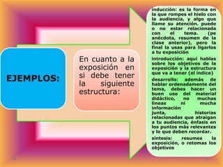 EJEMPLOS:

En cuanto a la
exposición en
si debe tener
la
siguiente
estructura:

inducción: es la forma en
la que rompes el hielo con
la audiencia, y algo que
llame su atención. puede
o no estar relacionada
con
el
tema.
(pe
anécdota, resumen de la
clase anterior), pero la
final la usas para ligarlos
a tu exposición
introducción: aquí hablas
sobre los objetivos de la
exposición y la estructura
que va a tener (el índice)
desarrollo:
además
de
hablar ordenadamente del
tema, debes hacer un
buen uso del material
didáctico,
no
muchas
líneas
ni
mucha
información
junta,
historias
relacionadas que atraigan
a tu audiencia, énfasis en
los puntos más relevantes
y lo que deben recordar.
síntesis:
resumes
la
exposición, o retomas los
objetivos

 