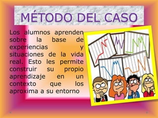 MÉTODO DEL CASO
Los alumnos aprenden
sobre
la
base
de
experiencias
y
situaciones de la vida
real. Esto les permite
construir
su
propio
aprendizaje
en
un
contexto
que
los
aproxima a su entorno

 