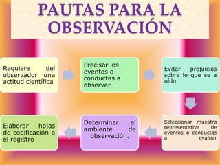 PAUTAS PARA LA
OBSERVACIÓN
Requiere
del
observador una
actitud científica

Elaborar
hojas
de codificación o
el registro

Precisar los
eventos o
conductas a
observar

Evitar
prejuicios
sobre lo que se a
oído

Determinar
el
ambiente
de
observación.

Seleccionar muestra
representativa
de
eventos o conductas
a
evaluar

 