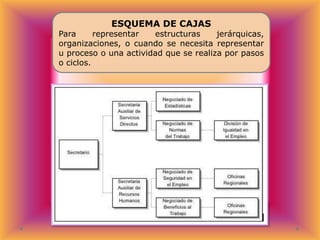 ESQUEMA DE CAJAS

Para
representar
estructuras
jerárquicas,
organizaciones, o cuando se necesita representar
u proceso o una actividad que se realiza por pasos
o ciclos.

 