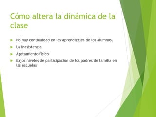 Cómo altera la dinámica de la
clase
 No hay continuidad en los aprendizajes de los alumnos.
 La inasistencia
 Agotamiento físico
 Bajos niveles de participación de los padres de familia en
las escuelas
 