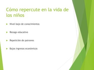 Cómo repercute en la vida de
los niños
 Nivel bajo de conocimientos
 Rezago educativo
 Repetición de patrones
 Bajos ingresos económicos
 