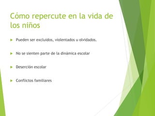 Cómo repercute en la vida de
los niños
 Pueden ser excluidos, violentados u olvidados.
 No se sienten parte de la dinámica escolar
 Deserción escolar
 Conflictos familiares
 