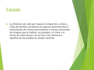 Causas
 La dinámica de vida que impone la migración a niños y
niñas de familias jornaleras les aporta conocimientos al
enfrentarlos de manera permanente a nuevos escenarios:
las lenguas que se hablan, los paisajes, el clima y la
forma de relacionarse con la tierra son distintos a
aquellos de los pueblos en donde nacieron.
 