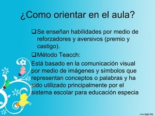 ¿Como orientar en el aula?
Se enseñan habilidades por medio de
reforzadores y aversivos (premio y
castigo).
Método Teacch:
Está basado en la comunicación visual
por medio de imágenes y símbolos que
representan conceptos o palabras y ha
sido utilizado principalmente por el
sistema escolar para educación especia
 