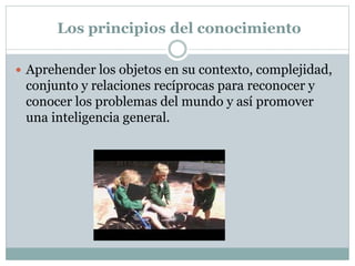 Los principios del conocimiento
 Aprehender los objetos en su contexto, complejidad,
conjunto y relaciones recíprocas para reconocer y
conocer los problemas del mundo y así promover
una inteligencia general.
 