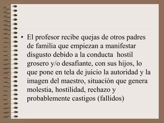 • El profesor recibe quejas de otros padres
de familia que empiezan a manifestar
disgusto debido a la conducta hostil
grosero y/o desafiante, con sus hijos, lo
que pone en tela de juicio la autoridad y la
imagen del maestro, situación que genera
molestia, hostilidad, rechazo y
probablemente castigos (fallidos)
 