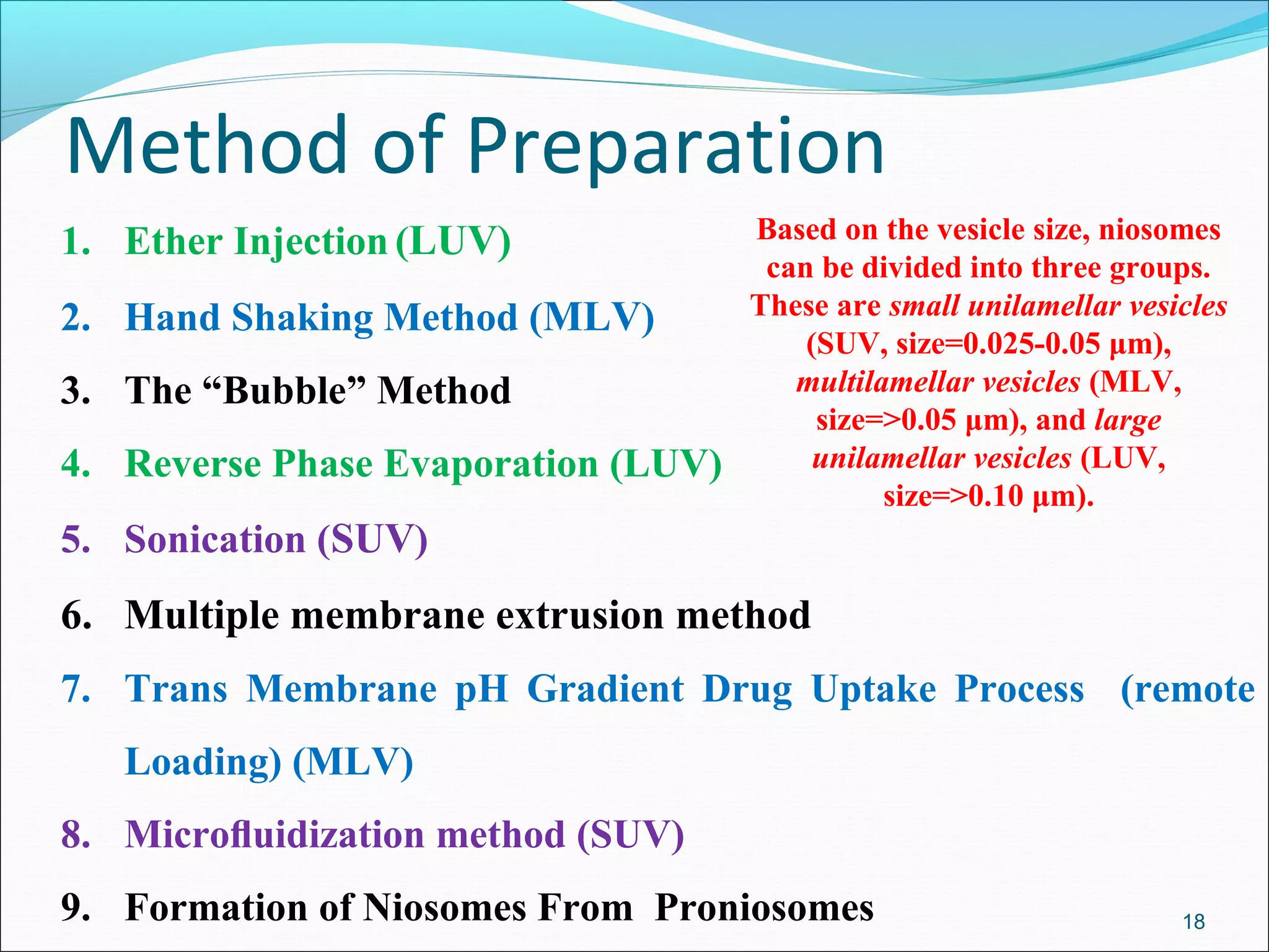 Method of Preparation
1. Ether Injection (LUV)             Based on the vesicle size, niosomes
                                      can be divided into three groups.
2. Hand Shaking Method (MLV)         These are small unilamellar vesicles
                                         (SUV, size=0.025-0.05 μm),
3. The “Bubble” Method                  multilamellar vesicles (MLV,
                                          size=>0.05 μm), and large
4. Reverse Phase Evaporation (LUV)        unilamellar vesicles (LUV,
                                               size=>0.10 μm).
5. Sonication (SUV)
6. Multiple membrane extrusion method
7. Trans Membrane pH Gradient Drug Uptake Process (remote
   Loading) (MLV)
8. Microﬂuidization method (SUV)
9. Formation of Niosomes From Proniosomes                            18
 