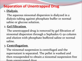 Separation of Unentrapped Drug
1. Dialysis
   The aqueous niosomal dispersion is dialyzed in a
   dialysis tubing against phosphate buffer or normal
   saline or glucose solution.
2. Gel Filtration
   The unentrapped drug is removed by gel filtration of
   niosomal dispersion through a Sephadex-G-50 column
   and elution with phosphate buffered saline or normal
   saline.
3. Centrifugation
   The niosomal suspension is centrifuged and the
   supernatant is separated. The pellet is washed and
   then resuspended to obtain a niosomal suspension free
 