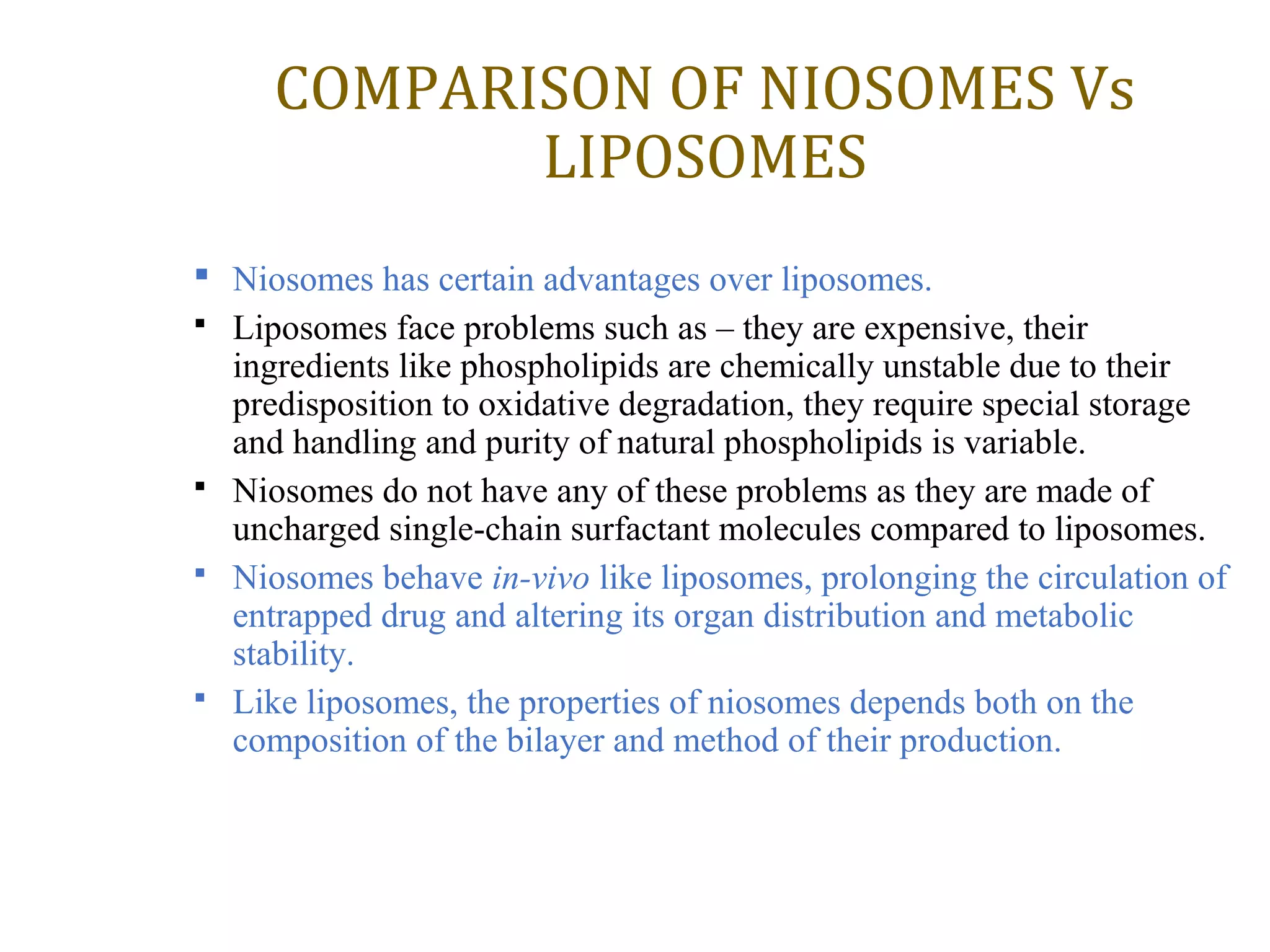 COMPARISON OF NIOSOMES Vs 
LIPOSOMES 
 Niosomes has certain advantages over liposomes. 
 Liposomes face problems such as – they are expensive, their 
ingredients like phospholipids are chemically unstable due to their 
predisposition to oxidative degradation, they require special storage 
and handling and purity of natural phospholipids is variable. 
 Niosomes do not have any of these problems as they are made of 
uncharged single-chain surfactant molecules compared to liposomes. 
 Niosomes behave in-vivo like liposomes, prolonging the circulation of 
entrapped drug and altering its organ distribution and metabolic 
stability. 
 Like liposomes, the properties of niosomes depends both on the 
composition of the bilayer and method of their production. 
 