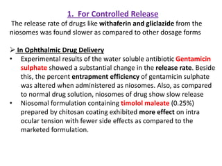 1. For Controlled Release
The release rate of drugs like withaferin and gliclazide from the
niosomes was found slower as compared to other dosage forms
➢ In Ophthalmic Drug Delivery
• Experimental results of the water soluble antibiotic Gentamicin
sulphate showed a substantial change in the release rate. Beside
this, the percent entrapment efficiency of gentamicin sulphate
was altered when administered as niosomes. Also, as compared
to normal drug solution, niosomes of drug show slow release
• Niosomal formulation containing timolol maleate (0.25%)
prepared by chitosan coating exhibited more effect on intra
ocular tension with fewer side effects as compared to the
marketed formulation.
 