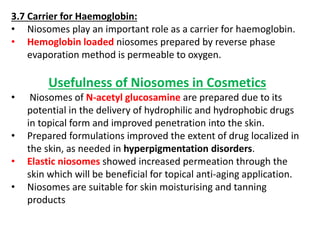 3.7 Carrier for Haemoglobin:
• Niosomes play an important role as a carrier for haemoglobin.
• Hemoglobin loaded niosomes prepared by reverse phase
evaporation method is permeable to oxygen.
Usefulness of Niosomes in Cosmetics
• Niosomes of N-acetyl glucosamine are prepared due to its
potential in the delivery of hydrophilic and hydrophobic drugs
in topical form and improved penetration into the skin.
• Prepared formulations improved the extent of drug localized in
the skin, as needed in hyperpigmentation disorders.
• Elastic niosomes showed increased permeation through the
skin which will be beneficial for topical anti-aging application.
• Niosomes are suitable for skin moisturising and tanning
products
 