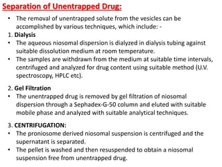 Separation of Unentrapped Drug:
• The removal of unentrapped solute from the vesicles can be
accomplished by various techniques, which include: -
1. Dialysis
• The aqueous niosomal dispersion is dialyzed in dialysis tubing against
suitable dissolution medium at room temperature.
• The samples are withdrawn from the medium at suitable time intervals,
centrifuged and analyzed for drug content using suitable method (U.V.
spectroscopy, HPLC etc).
2. Gel Filtration
• The unentrapped drug is removed by gel filtration of niosomal
dispersion through a Sephadex-G-50 column and eluted with suitable
mobile phase and analyzed with suitable analytical techniques.
3. CENTRIFUGATION:
• The proniosome derived niosomal suspension is centrifuged and the
supernatant is separated.
• The pellet is washed and then resuspended to obtain a niosomal
suspension free from unentrapped drug.
 