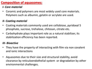 Composition of aquasomes:
I- Core material
• Ceramic and polymers are most widely used core materials.
Polymers such as albumin, gelatin or acrylate are used.
II- Coating material
• Coating materials commonly used are cellobiose, pyridoxal 5
phosphate, sucrose, trehalose, chitosan, citrate etc.
• Carbohydrate plays important role as a natural stabilizer, its
stabilization efficiency has been reported.
III- Bioactive
• They have the property of interacting with film via non covalent
and ionic interactions
• Aquasomes due to their size and structural stability, avoid
clearance by reticuloendothelial system or degradation by other
environmental challenges.
 