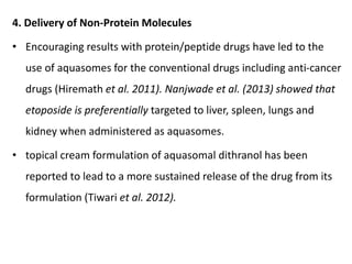 4. Delivery of Non-Protein Molecules
• Encouraging results with protein/peptide drugs have led to the
use of aquasomes for the conventional drugs including anti-cancer
drugs (Hiremath et al. 2011). Nanjwade et al. (2013) showed that
etoposide is preferentially targeted to liver, spleen, lungs and
kidney when administered as aquasomes.
• topical cream formulation of aquasomal dithranol has been
reported to lead to a more sustained release of the drug from its
formulation (Tiwari et al. 2012).
 
