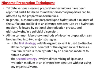 Niosome Preparation Techniques:
• Till date various niosome preparation techniques have been
reported and it has been found that niosomal properties can be
affected by the preparation techniques.
• In general, niosomes are prepared upon hydration of a mixture of
the surfactant and lipid at an elevated temperature by a hydration
medium, followed by optional size reduction process and
ultimately obtain a colloidal dispersion.
• All the common laboratory methods of niosome preparation can
be classified into two major strategies.
– In the first strategy, volatile organic solvent is used to dissolve
all the components. Removal of the organic solvent forms a
thin film, which is then hydrated by an aqueous medium to
obtain niosomes.
– The second strategy involves direct mixing of lipids and
hydration medium at an elevated temperature without using
any organic solvents.
 
