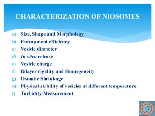 a) Size, Shape and Morphology
b) Entrapment efficiency
c) Vesicle diameter
d) In vitro release
e) Vesicle charge
f) Bilayer rigidity and Homogeneity
g) Osmotic Shrinkage
h) Physical stability of vesicles at different temperature
i) Turbidity Measurement
CHARACTERIZATION OF NIOSOMES
 