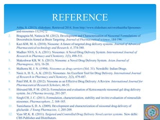 1. Aitha, S. (2013). slideshare. Retrieved 2014, from http://www.slideshare.net/swethaaitha/liposomes-
and-niosomes-15259272
2. Bragagnia M, Natascia M. (2012). Development and Characterization of Niosomal Formulations of
Doxorubicin Aimed at Brain Targeting. Journal of Pharmaceutical science, 184-196.
3. Kazi KM, M. A. (2010). Niosome: A future of targeted drug delivery systems. Journal of Advanced
Pharmaceutical technology and Research, 4, 374-380.
4. Madhav NVS, S. A. (2011). Niosomes: A Novel Drug Delivery System. International Journal of
Research in Pharmacy and Chemistry, 1(3), 498-511.
5. Makeshwar KB, W. S. (2013). Niosome: a Novel Drug Delivery System. Asian Journal of
Pharmapress, 3(1), 16-20.
6. Malhotra M, J. N. (1994). Niosomes as drug carriers (Vol. 31). Newdelhi: Indian Drugs.
7. Nasir A, H. S., A, K. (2012). Niosomes: An Excellent Tool for Drug Delivery. International Journal
of Research in Pharmacy and Chemistry, 2(2), 479-487.
8. Patel SM, R. D. (2012). Niosome as an Effective Drug Delivery: A Review. International Journal for
Pharmaceutical Research Scholars, 46-53.
9. Shirsand SB, P. M. (2012). Formulation and evaluation of Ketoconazole niosomal gel drug delivery
system. Int J Pharma investig, 201-207.
10. Singh CH, J. C. (2011). Formulation, characterization, stability and invitro evaluation of nimesulide
niosomes. Pharmacophore, 2, 168-185.
11. Tamizharas S, D. A. (2009). Development and characterization of niosomal drug delivery of
gliclazide. J Young Pharmacists, 1, 205-209.
12. Vyas SP, K. R. (2011). Targeted and Controlled Drug Delivery Novel carrier systems. New delhi:
CBS Publisher and Distributors.
REFERENCE
 