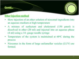 Ether injection method
• Slow injection of an ether solution of niosomal ingredients into
an aqueous medium at high temperature
• A mixture of surfactant and cholesterol (150 μmol) is
dissolved in ether (20 ml) and injected into an aqueous phase
(4 ml) using a 14- gauge needle syringe
• Temperature of the system is maintained at 60oC during the
process
• Niosomes in the form of large unilamellar vesicles (LUV) are
formed.
18
 