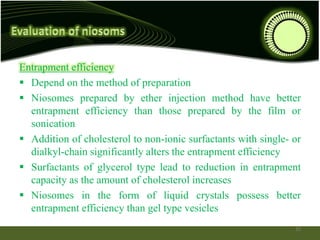 Entrapment efficiency
 Depend on the method of preparation
 Niosomes prepared by ether injection method have better
entrapment efficiency than those prepared by the film or
sonication
 Addition of cholesterol to non-ionic surfactants with single- or
dialkyl-chain significantly alters the entrapment efficiency
 Surfactants of glycerol type lead to reduction in entrapment
capacity as the amount of cholesterol increases
 Niosomes in the form of liquid crystals possess better
entrapment efficiency than gel type vesicles
25
 