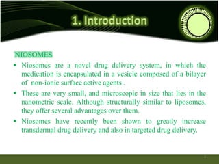 NIOSOMES
 Niosomes are a novel drug delivery system, in which the
medication is encapsulated in a vesicle composed of a bilayer
of non-ionic surface active agents .
 These are very small, and microscopic in size that lies in the
nanometric scale. Although structurally similar to liposomes,
they offer several advantages over them.
 Niosomes have recently been shown to greatly increase
transdermal drug delivery and also in targeted drug delivery.
3
 