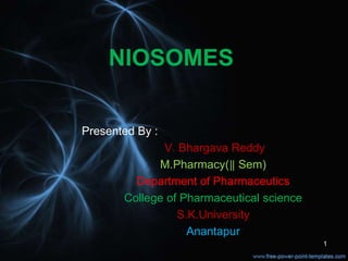 NIOSOMES

Presented By :
              V. Bhargava Reddy
             M.Pharmacy(‖ Sem)
         Department of Pharmaceutics
       College of Pharmaceutical science
                 S.K.University
                   Anantapur
                                           1
 