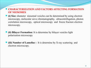 CHARACTERIZATION AND FACTORS AFFECTING FORMATION
OF NIOSOMES
(i) Size: diameter niosomal vesicles can be determined by using electron
microscopy, molecular sieve chromatography, ultracentrifugation, photon
correlation microscopy, optical microscopy and freeze fracture electron
microscopy.
(ii) Bilayer Formation: It is determine by bilayer vesicles light
polarization microscopy
(iii) Number of Lamellae : It is determine by X-ray scattering and
electron microscopy.
16
 