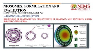 NIOSOMES: FORMULATION AND
EVALUATION
SUBMITTED BY: PRACHI PANDEY, RAHUL PAL
M. PHARM (PHARMACEUTICS), IIIRD SEM.
DEPARTMENT OF PHARMACEUTICS, NIMS INSTITUTE OF PHARMACY, NIMS UNIVERSITY, JAIPUR,
RAJASTHAN, 303121, INDIA.
 