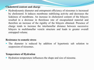 Cholesterol content and charge
 Hydrodynamic diameter and entrapment efficiency of niosomes is increased
by cholesterol. It induces membrane stabilizing activity and decreases the
leakiness of membrane. An increase in cholesterol content of the bilayers
resulted in a decrease in therelease rate of encapsulated material and
therefore an increase of the rigidity of the bilayers obtained. Presence of
charge tends to increase the interlamellar distance between successive
bilayers in multilamellar vesicle structure and leads to greater overall
entrapped volume.
Resistance to osmotic stress
 The diameter is reduced by addition of hypertonic salt solution to
suspension of niosomes.
Temperature of Hydration
 Hydration temperature influences the shape and size of niosome.
 