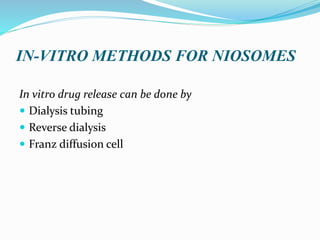 IN-VITRO METHODS FOR NIOSOMES
In vitro drug release can be done by
 Dialysis tubing
 Reverse dialysis
 Franz diffusion cell
 