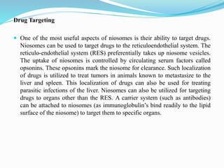 Drug Targeting
 One of the most useful aspects of niosomes is their ability to target drugs.
Niosomes can be used to target drugs to the reticuloendothelial system. The
reticulo-endothelial system (RES) preferentially takes up niosome vesicles.
The uptake of niosomes is controlled by circulating serum factors called
opsonins. These opsonins mark the niosome for clearance. Such localization
of drugs is utilized to treat tumors in animals known to metastasize to the
liver and spleen. This localization of drugs can also be used for treating
parasitic infections of the liver. Niosomes can also be utilized for targeting
drugs to organs other than the RES. A carrier system (such as antibodies)
can be attached to niosomes (as immunoglobulin’s bind readily to the lipid
surface of the niosome) to target them to specific organs.
 