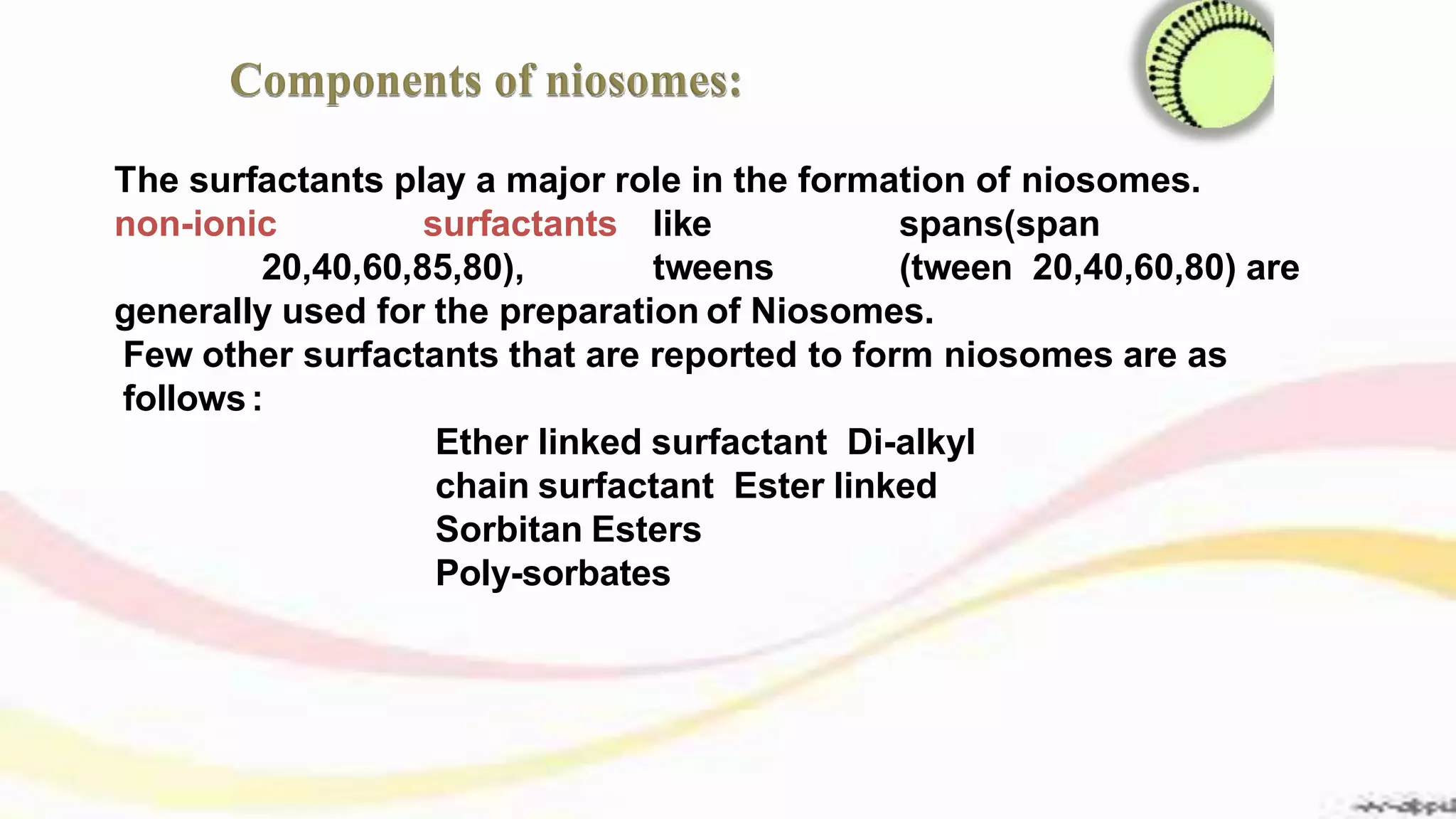 The surfactants play a major role in the formation of niosomes.
non-ionic surfactants like spans(span
20,40,60,85,80), tweens (tween 20,40,60,80) are
generally used for the preparation of Niosomes.
Few other surfactants that are reported to form niosomes are as
follows:
Ether linked surfactant Di-alkyl
chain surfactant Ester linked
Sorbitan Esters
Poly-sorbates
Components of niosomes:
 