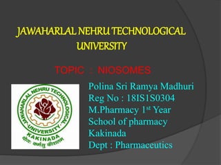 JAWAHARLAL NEHRUTECHNOLOGICAL
UNIVERSITY
Polina Sri Ramya Madhuri
Reg No : 18IS1S0304
M.Pharmacy 1st Year
School of pharmacy
Kakinada
Dept : Pharmaceutics
TOPIC : NIOSOMES
 