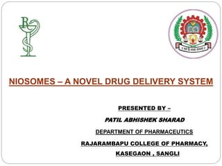 NIOSOMES – A NOVEL DRUG DELIVERY SYSTEM
PRESENTED BY –
PATIL ABHISHEK SHARAD
DEPARTMENT OF PHARMACEUTICS
RAJARAMBAPU COLLEGE OF PHARMACY,
KASEGAON , SANGLI
 