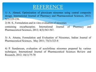 1) A. Ahmed, Optimization of piroxicam niosomes using central composite
design. International Journal of Pharmacy and Pharmaceutical Sciences, 2013;
5(3):229-236.
2) M. S., Formulation and in vitro evaluation of niosomes
containing oxcarbazepine. International Journal of Pharmacy and
Pharmaceutical Sciences, 2012; 4(3):563-567.
3) A. Attama, Formulation and Evaluation of Niosomes, Indian Journal of
Pharmaceutical Sciences, May 2011; 73(3):323-8
4) P. Sundaresan, evaluation of aceclofenac niosomes prepared by various
techniques. International Journal of Pharmaceutical Sciences Review and
Research, 2012; 16(1):75-78
REFERENCE
 