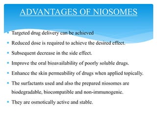  Targeted drug delivery can be achieved
 Reduced dose is required to achieve the desired effect.
 Subsequent decrease in the side effect.
 Improve the oral bioavailability of poorly soluble drugs.
 Enhance the skin permeability of drugs when applied topically.
 The surfactants used and also the prepared niosomes are
biodegradable, biocompatible and non-immunogenic.
 They are osmotically active and stable.
ADVANTAGES OF NIOSOMES
 