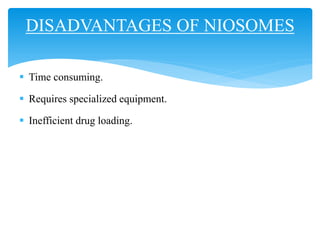  Time consuming.
 Requires specialized equipment.
 Inefficient drug loading.
DISADVANTAGES OF NIOSOMES
 