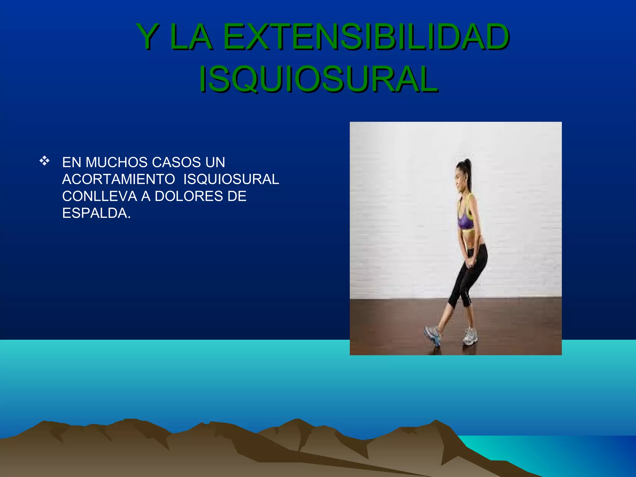 Y LA EXTENSIBILIDADY LA EXTENSIBILIDAD
ISQUIOSURALISQUIOSURAL
 EN MUCHOS CASOS UN
ACORTAMIENTO ISQUIOSURAL
CONLLEVA A DOLORES DE
ESPALDA.
 
