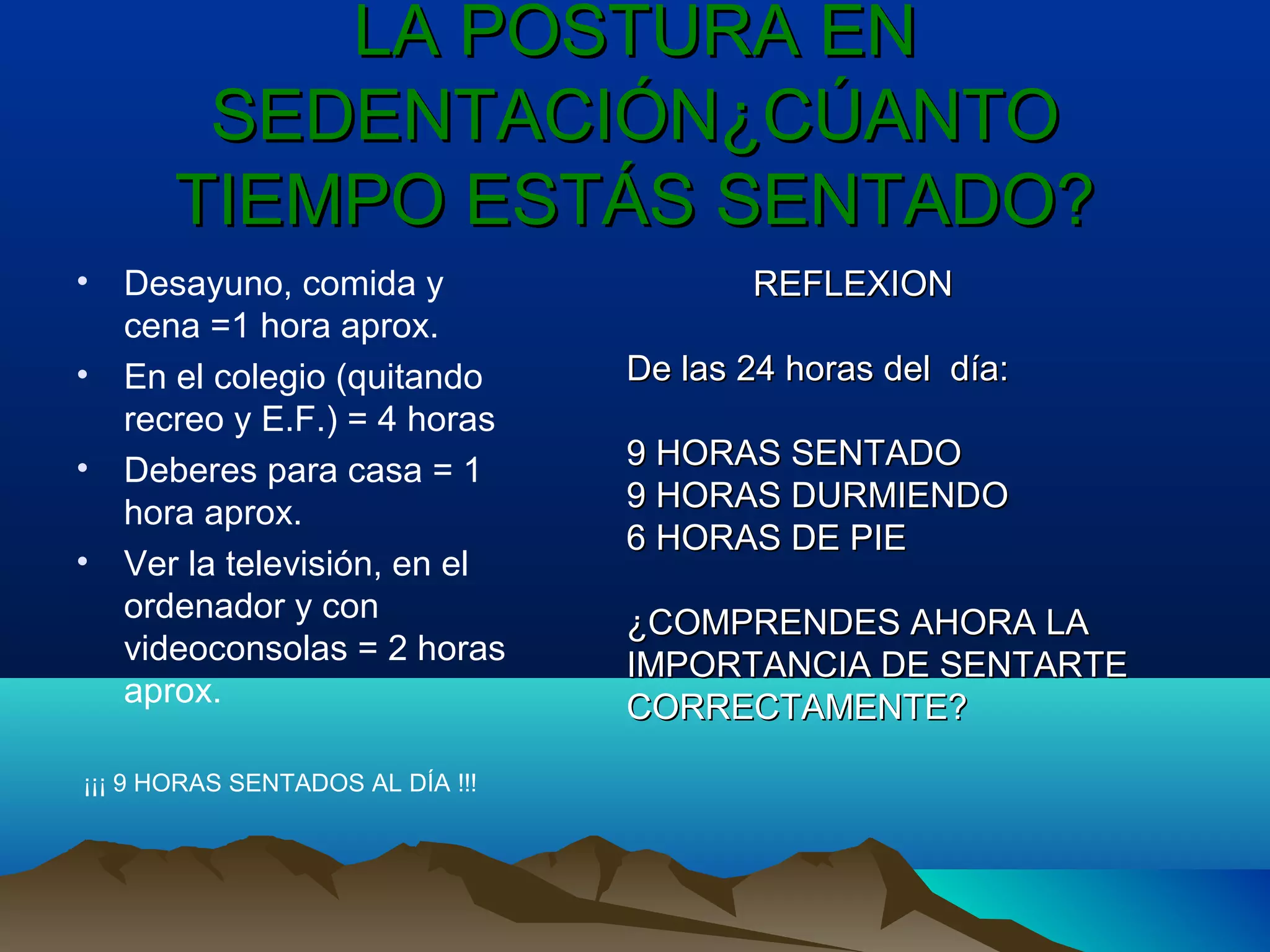 LA POSTURA ENLA POSTURA EN
SEDENTACIÓN¿CÚANTOSEDENTACIÓN¿CÚANTO
TIEMPO ESTÁS SENTADO?TIEMPO ESTÁS SENTADO?
• Desayuno, comida y
cena =1 hora aprox.
• En el colegio (quitando
recreo y E.F.) = 4 horas
• Deberes para casa = 1
hora aprox.
• Ver la televisión, en el
ordenador y con
videoconsolas = 2 horas
aprox.
¡¡¡ 9 HORAS SENTADOS AL DÍA !!!
REFLEXIONREFLEXION
De las 24 horas del día:De las 24 horas del día:
9 HORAS SENTADO9 HORAS SENTADO
9 HORAS DURMIENDO9 HORAS DURMIENDO
6 HORAS DE PIE6 HORAS DE PIE
¿COMPRENDES AHORA LA¿COMPRENDES AHORA LA
IMPORTANCIA DE SENTARTEIMPORTANCIA DE SENTARTE
CORRECTAMENTE?CORRECTAMENTE?
 
