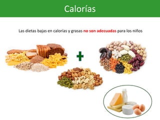Calorías
Las dietas bajas en calorías y grasas no son adecuadas para los niños
 